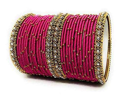 T4 Jewels Handmade Silk Thread Metal Bangles Set Zircon Stones Bridal Chuda/Wedding Chuda For Women & Girls (Set Of 28) Rani 2.8 Inches T4 Jewels
