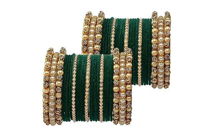 T4 Jewels Brass Metal Beads Stones & Gemstones Studded Moti & Pearl Glossy Finished Bangles Set - 114NO