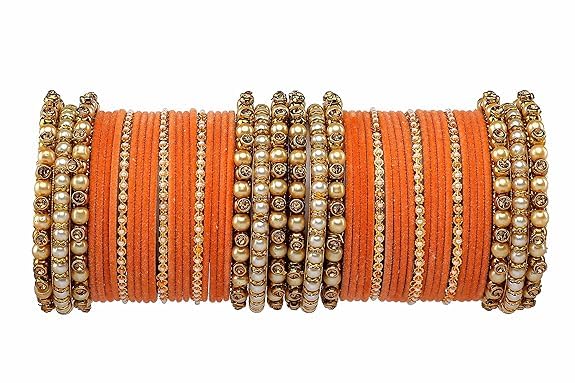 T4 Jewels Brass Metal Beads Stones & Gemstones Studded Moti & Pearl Glossy Finished Bangles Set - 114NO