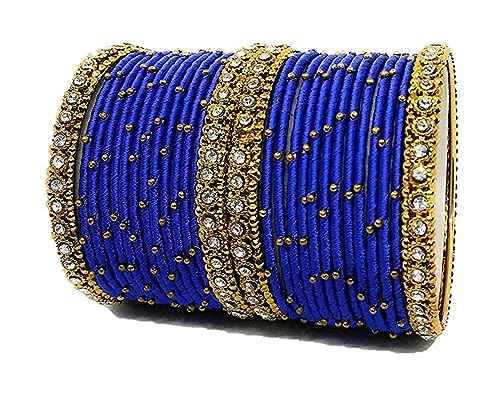 T4 Jewels Handmade Silk Thread Metal Bangles Set Zircon Stones Bridal Chuda/Wedding Chuda For Women & Girls (Set Of 28) Shine Blue 2.6 Inches T4 Jewels