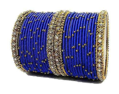 T4 Jewels Handmade Silk Thread Metal Bangles Set Zircon Stones Bridal Chuda/Wedding Chuda For Women & Girls (Set Of 28) Shine Blue 2.6 Inches T4 Jewels