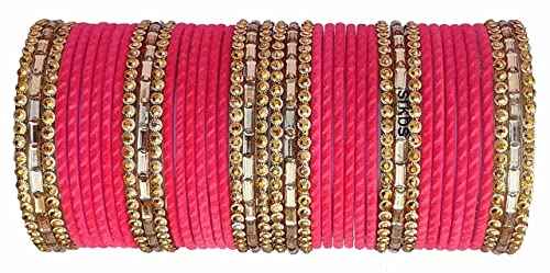 T4 Jewels 2.10 & 2.12 Size Gold Plated Velvet Designer Beads With Stones Studded Glass Bangles Set For Women & Girls Watermelon T4 Jewels