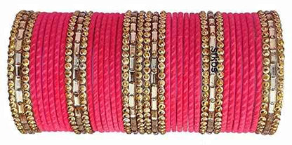 T4 Jewels 2.10 & 2.12 Size Gold Plated Velvet Designer Beads With Stones Studded Glass Bangles Set For Women & Girls Watermelon T4 Jewels