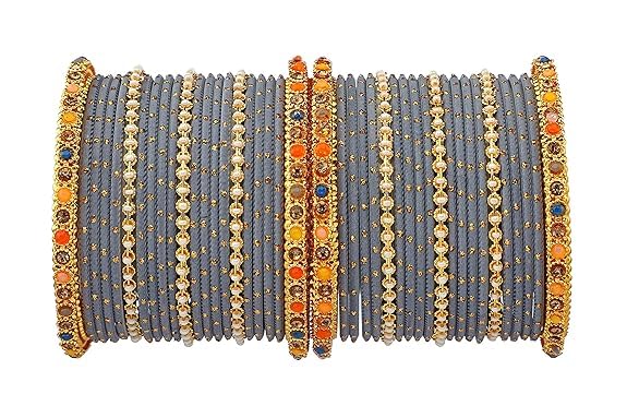 T4 Jewels Multicolor Zircon Stones Studded Elegent Golden Dotted Metal Bangles Set For Women & Girls Grey T4 Jewels