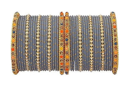 T4 Jewels Multicolor Zircon Stones Studded Elegent Golden Dotted Metal Bangles Set For Women & Girls Grey T4 Jewels