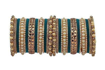 T4 Jewels Metal With Zircon Gemstones Attractive Glossy Finish Gold Plated Fashion Jewellery Metal Bangle Set For Women & Girls Teal T4 Jewels