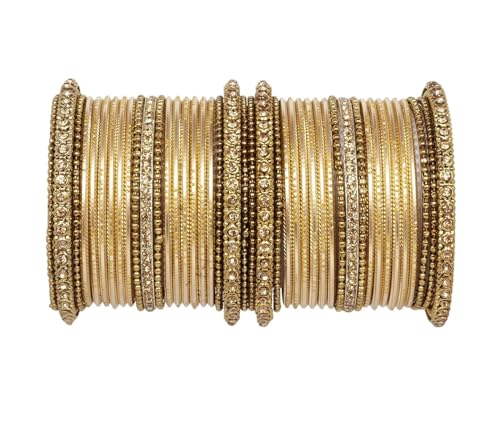 T4 Jewels Golden Kundan GemStones & Beads Studded Metal Bangles Set Fashion Jewellery For Women & Girls