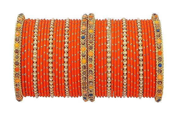 T4 Jewels Multicolor Zircon Stones Studded Elegent Golden Dotted Metal Bangles Set For Women & Girls Orange T4 Jewels