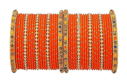 T4 Jewels Multicolor Zircon Stones Studded Elegent Golden Dotted Metal Bangles Set For Women & Girls Orange T4 Jewels