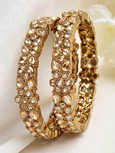 T4 Jewels Set of 2 Antique Gold Plated Floral Shape Kundan Rajwadi Bangles for Women - T4 Jewels