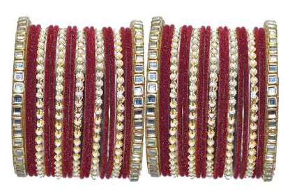 T4 Jewels 18k Gold Plated Zircon Stones Studded Metal Velvet Latest Fashion Jewellery Bangles Set For Women & Girls - 94NO Maroon T4 Jewels