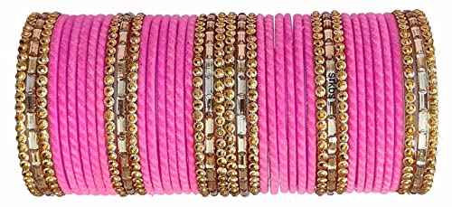 T4 Jewels 2.10 & 2.12 Size Gold Plated Velvet Designer Beads With Stones Studded Glass Bangles Set For Women & Girls Pink 2.11 Inches T4 Jewels