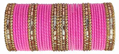 T4 Jewels 2.10 & 2.12 Size Gold Plated Velvet Designer Beads With Stones Studded Glass Bangles Set For Women & Girls Pink 2.11 Inches T4 Jewels