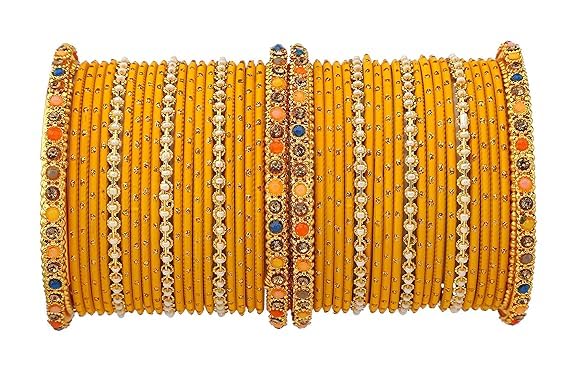 T4 Jewels Multicolor Zircon Stones Studded Elegent Golden Dotted Metal Bangles Set For Women & Girls Yellow T4 Jewels