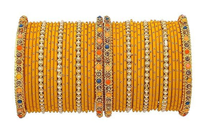 T4 Jewels Multicolor Zircon Stones Studded Elegent Golden Dotted Metal Bangles Set For Women & Girls Yellow T4 Jewels
