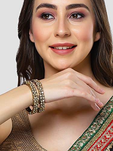 T4 Jewels Set of 2 Antique Gold Plated Floral Shape Kundan Rajwadi Bangles for Women - T4 Jewels