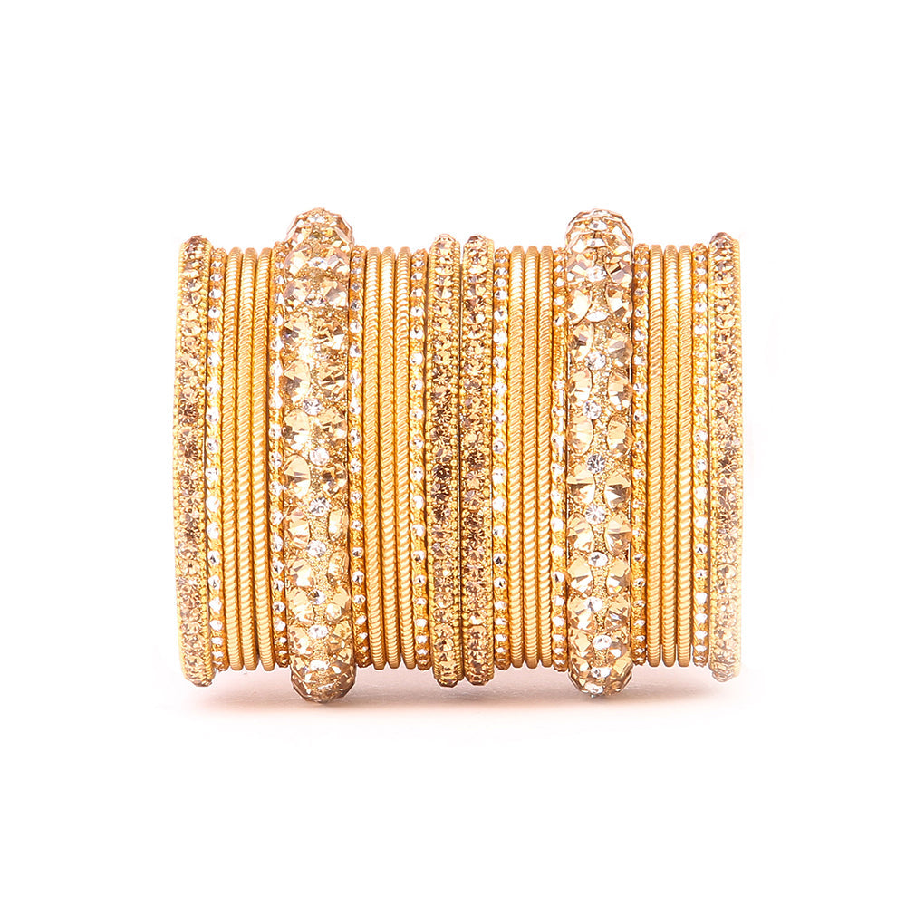 Traditional Shining Bangle Set For Women With Lac And Golden Stone