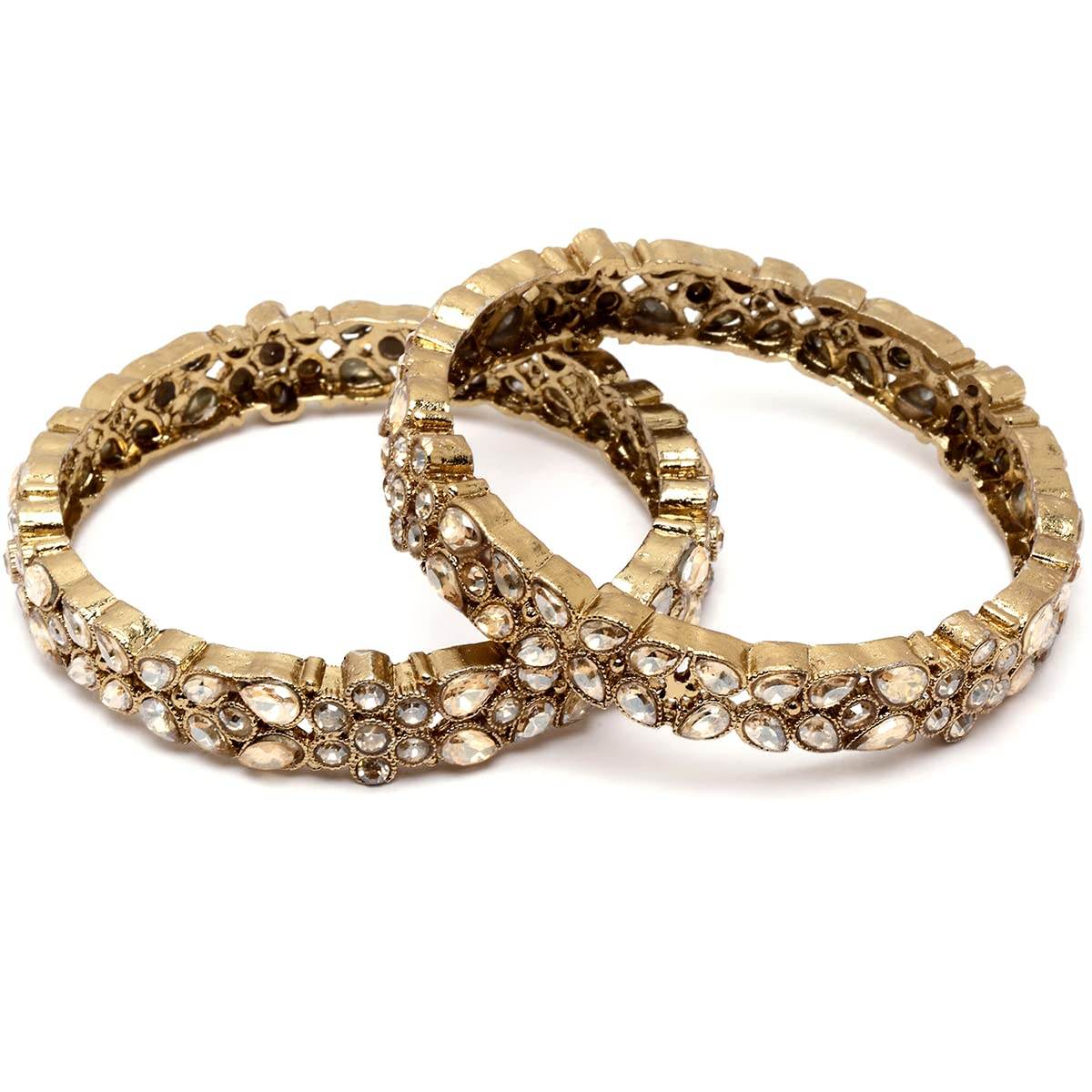 T4 Jewels Set of 2 Antique Gold Plated Floral Shape Kundan Rajwadi Bangles for Women - T4 Jewels