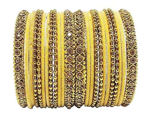 T4 Jewels 18k Gold Plated Celebrity Inspired Zircon Stones & Beads Studded Metal Bangles Set For Women & Girls - 64NO Gold 2.2 Inches T4 Jewels