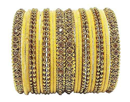 T4 Jewels 18k Gold Plated Celebrity Inspired Zircon Stones & Beads Studded Metal Bangles Set For Women & Girls - 64NO Gold 2.2 Inches T4 Jewels