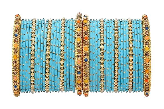 T4 Jewels Multicolor Zircon Stones Studded Elegent Golden Dotted Metal Bangles Set For Women & Girls Sky Blue T4 Jewels