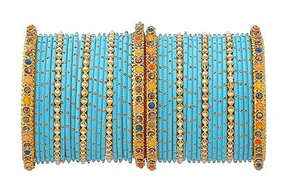 T4 Jewels Multicolor Zircon Stones Studded Elegent Golden Dotted Metal Bangles Set For Women & Girls Sky Blue T4 Jewels