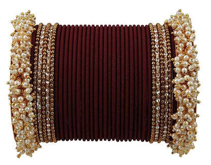 T4 Jewels Stylish 18k Gold Plated Single Hand Pearl Studded Beautiful Metal Bangle Set For Women & Girls Maroon T4 Jewels