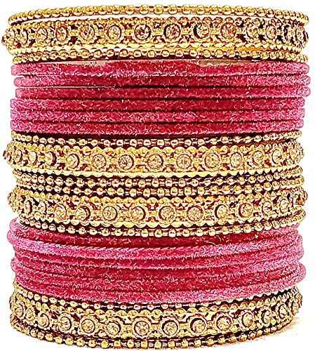 T4 Jewels Gold Plated & Stone Studded Velvet Metal Bangle Set (Wedding Chuda/Diwali Special) For Girls & Women - (Pack Of 24 Bangles) Maroon T4 Jewels