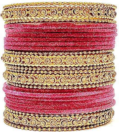 T4 Jewels Gold Plated & Stone Studded Velvet Metal Bangle Set (Wedding Chuda/Diwali Special) For Girls & Women - (Pack Of 24 Bangles) Maroon T4 Jewels