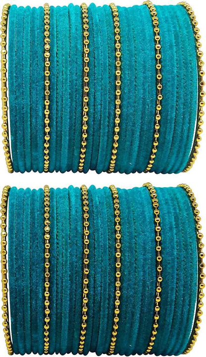 T4 Jewels Golden Beads Studded Glossy Finish Velvet Metal Bangles Set (Set Of 2) - 35NO