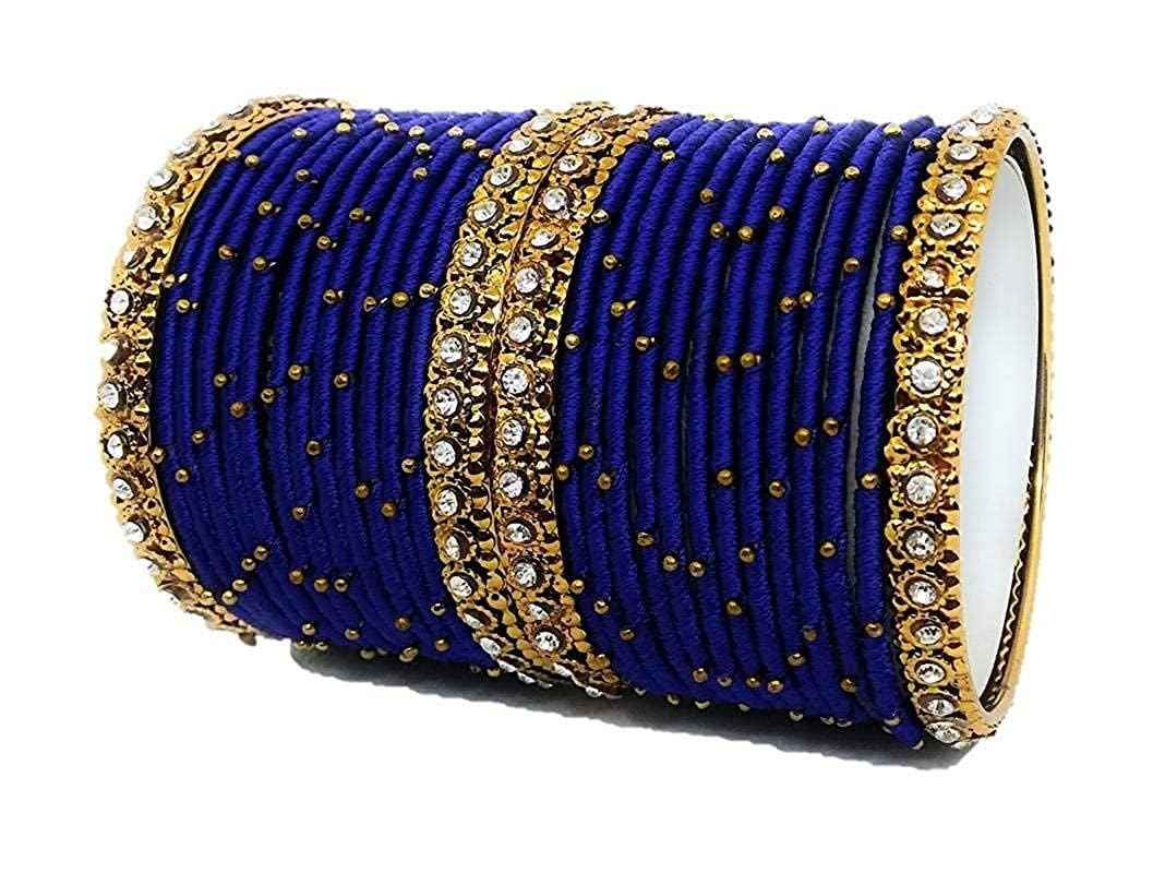 T4 Jewels Handmade Silk Thread Metal Bangles Set Zircon Stones Bridal Chuda/Wedding Chuda For Women & Girls (Set Of 28) Royal Blue T4 Jewels