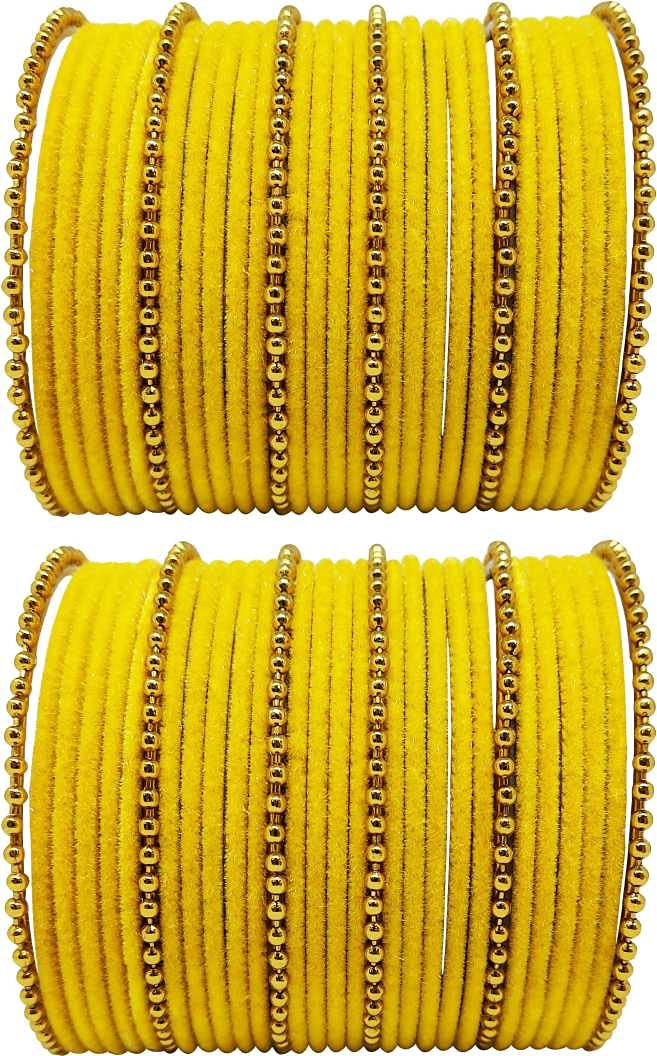 T4 Jewels Golden Beads Studded Glossy Finish Velvet Metal Bangles Set (Set Of 2) - 35NO