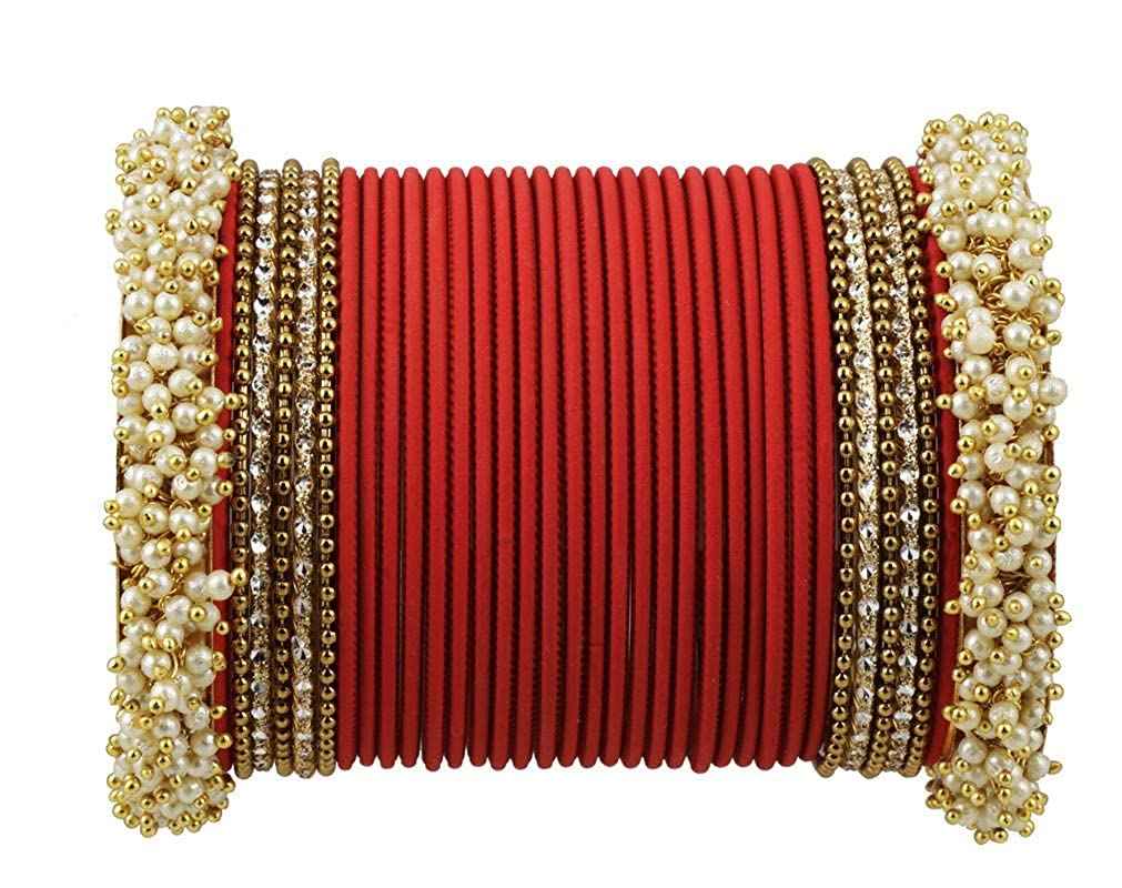 T4 Jewels Stylish 18k Gold Plated Single Hand Pearl Studded Beautiful Metal Bangle Set For Women & Girls Red T4 Jewels