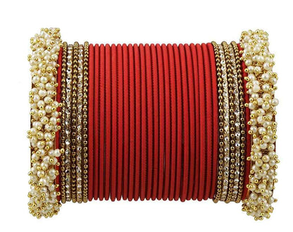 T4 Jewels Stylish 18k Gold Plated Single Hand Pearl Studded Beautiful Metal Bangle Set For Women & Girls Red T4 Jewels