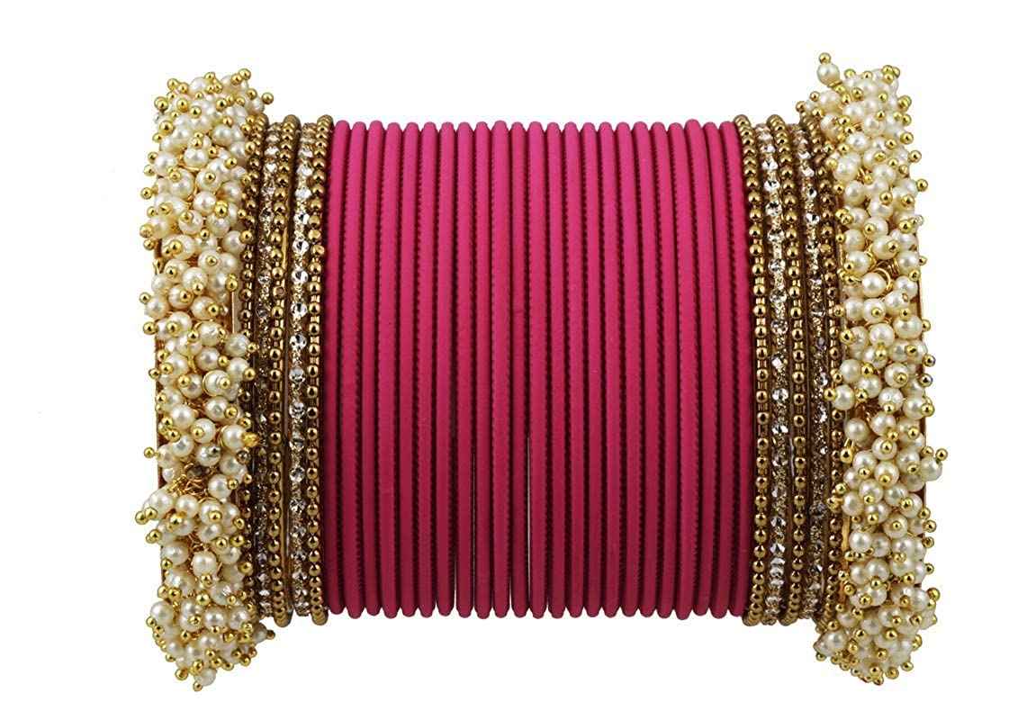 T4 Jewels Stylish 18k Gold Plated Single Hand Pearl Studded Beautiful Metal Bangle Set For Women & Girls Dark Pink T4 Jewels