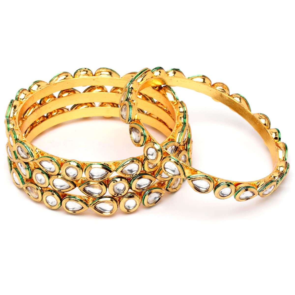 T4 Jewels Set of 4 Gold Plated Round and Drop Shape Polki Kundan Studded Bangles for Women 2.8 T4 Jewels