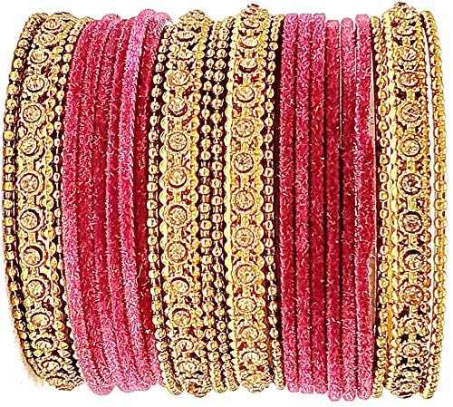 T4 Jewels Gold Plated & Stone Studded Velvet Metal Bangle Set (Wedding Chuda/Diwali Special) For Girls & Women - (Pack Of 24 Bangles) T4 Jewels