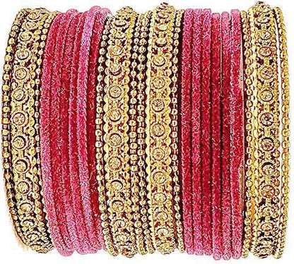 T4 Jewels Gold Plated & Stone Studded Velvet Metal Bangle Set (Wedding Chuda/Diwali Special) For Girls & Women - (Pack Of 24 Bangles) T4 Jewels