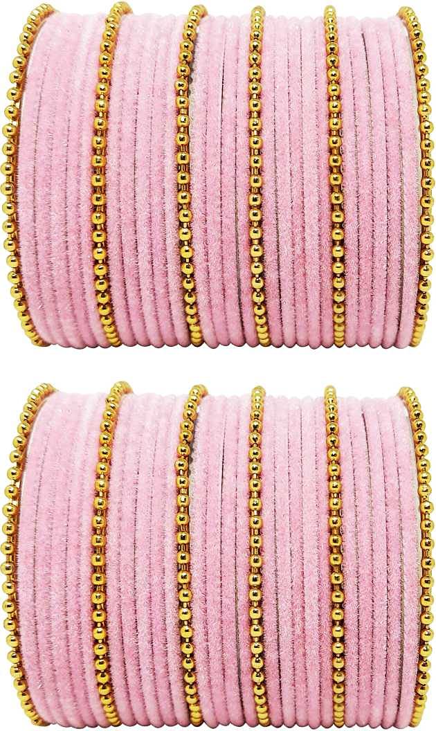 T4 Jewels Golden Beads Studded Glossy Finish Velvet Metal Bangles Set (Set Of 2) - 35NO