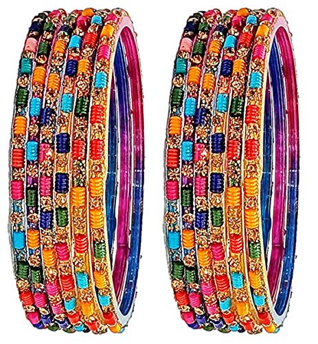 T4 Jewels (2.10 & 2.12 Size Texture Design Golden Studded Stones Glass Bangles/Chudiyan (Diwali/Navratri Special) For - (Set Of 12) - HRM Multi-Colour Large Size Bangles T4 Jewels
