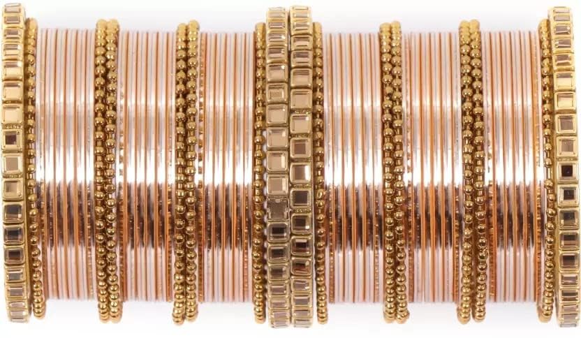 T4 Jewels Glossy Finished Gold Kundan Studded Fashion Jwellery Metal Bangles Set For Women & Girls Peach T4 Jewels