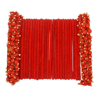 T4 Jewels Glossy Finished Fashion Jewellery Latest Collection Pearl & Velvet Metal Bangles Set For Girls & Women (Set Of 26) Red T4 Jewels