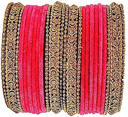 T4 Jewels Gold Plated & Stone Studded Velvet Metal Bangle Set (Wedding Chuda/Diwali Special) For Girls & Women - (Pack Of 24 Bangles) T4 Jewels