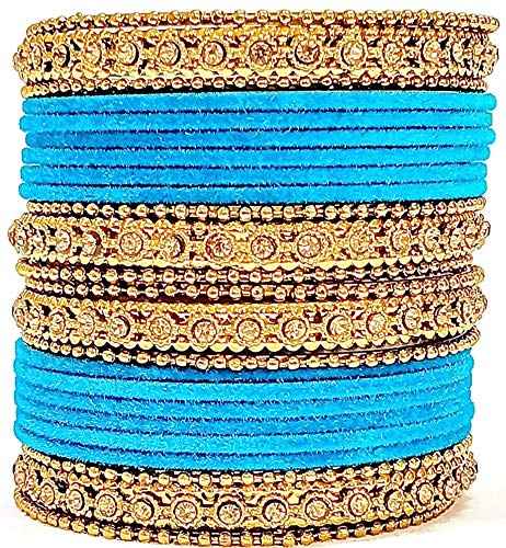 T4 Jewels Gold Plated & Stone Studded Velvet Metal Bangle Set (Wedding Chuda/Diwali Special) For Girls & Women - (Pack Of 24 Bangles) Sky Blue T4 Jewels