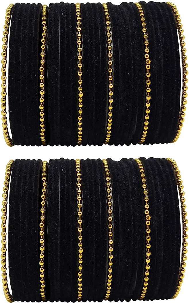 T4 Jewels Golden Beads Studded Glossy Finish Velvet Metal Bangles Set (Set Of 2) - 35NO