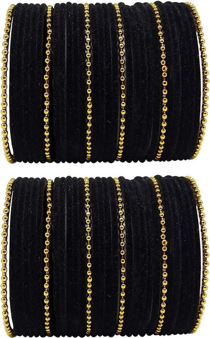 T4 Jewels Golden Beads Studded Glossy Finish Velvet Metal Bangles Set (Set Of 2) - 35NO