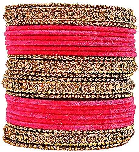 T4 Jewels Gold Plated & Stone Studded Velvet Metal Bangle Set (Wedding Chuda/Diwali Special) For Girls & Women - (Pack Of 24 Bangles) Gajri T4 Jewels