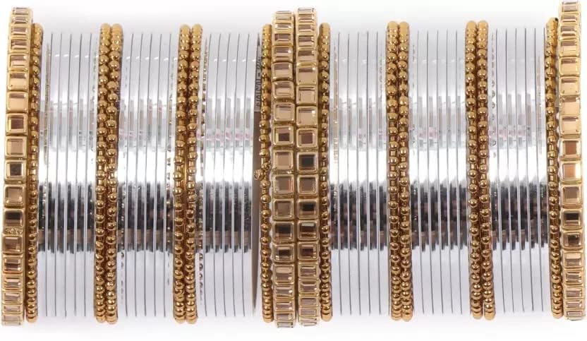 T4 Jewels Glossy Finished Gold Kundan Studded Fashion Jwellery Metal Bangles Set For Women & Girls Silver T4 Jewels