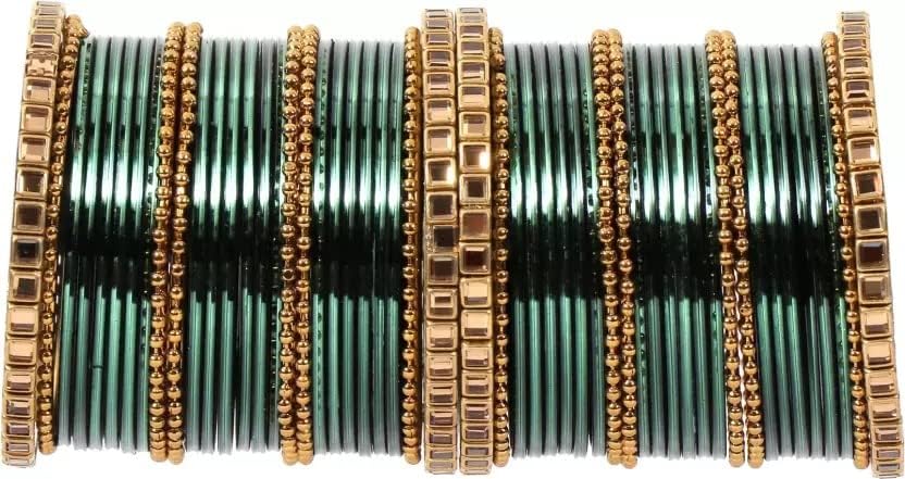 T4 Jewels Glossy Finished Gold Kundan Studded Fashion Jwellery Metal Bangles Set For Women & Girls Green T4 Jewels