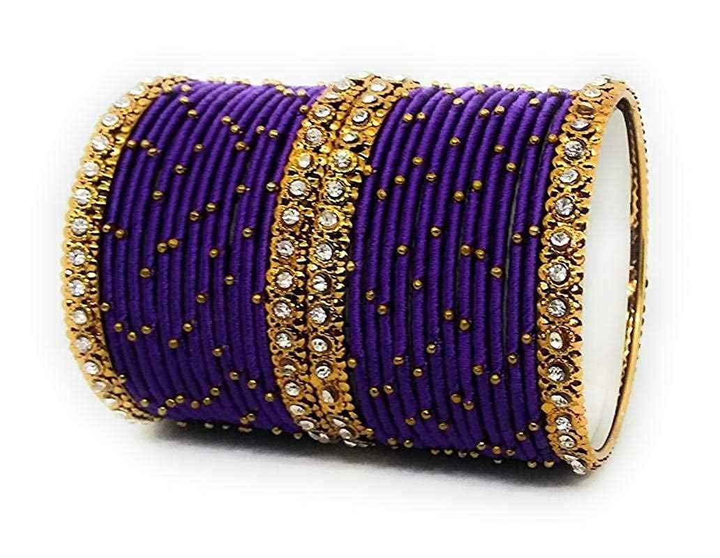 T4 Jewels Handmade Silk Thread Metal Bangles Set Zircon Stones Bridal Chuda/Wedding Chuda For Women & Girls (Set Of 28) Blue T4 Jewels